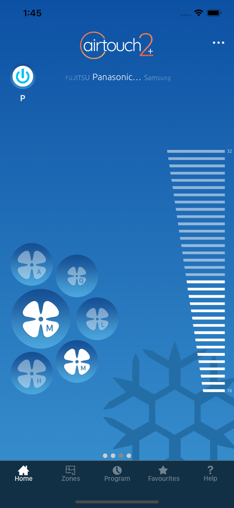 AirTouch 2 plus Smart Home Klimasteuerungs-Oberfläche, die den aktiven Kühlmodus mit Lüftersteuerungen für einzelne Raumzonen zeigt