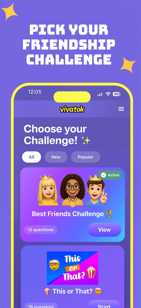 Vivatok - Vivatok app interface showing different friendship quiz challenges like Best Friends Challenge and This or That.