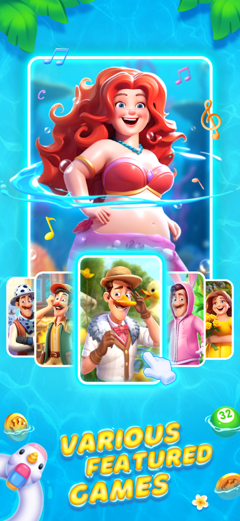 Bingo Island-Fun Family Bingo - 人魚のキャラクターと複数のゲームアバターが表示され、「様々な注目のゲーム」というテキストが表示されたカラフルなゲーム画面。