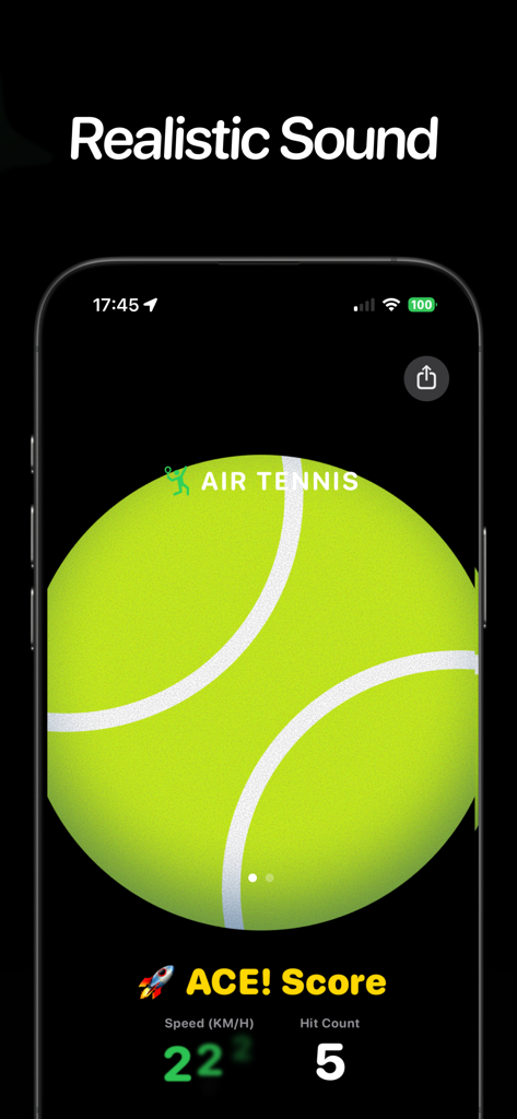 空气网球 - Tennis Swing Simulator - Air Tennis app interface showing an ace score with swing speed and hit count statistics