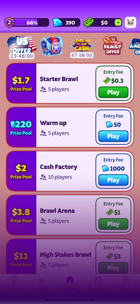 Pool - Win Cash - Game lobby of Pool Win Cash showing different tournament options like Starter Brawl and Cash Factory with respective entry fees and prize pools