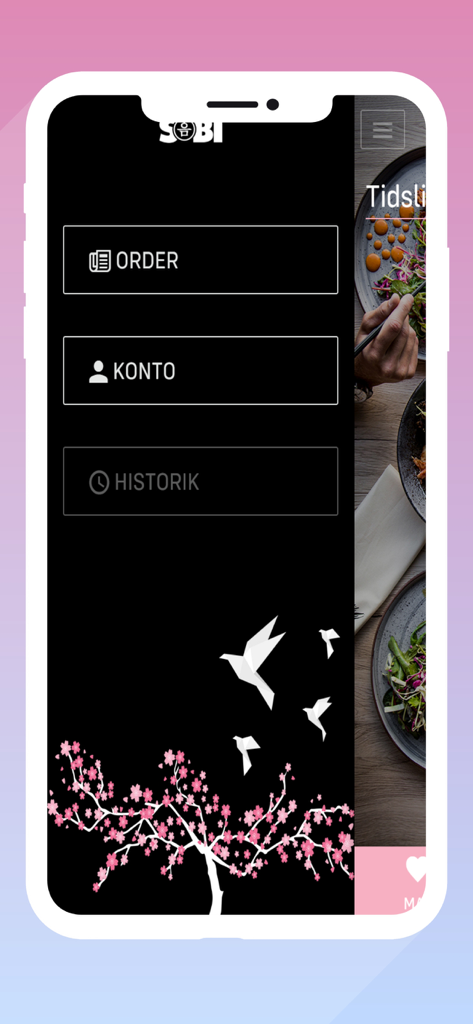 Sobi - Sobiフード注文アプリのメインメニュー画面。注文、アカウント、履歴のオプションが桜のグラフィックで表示されている。