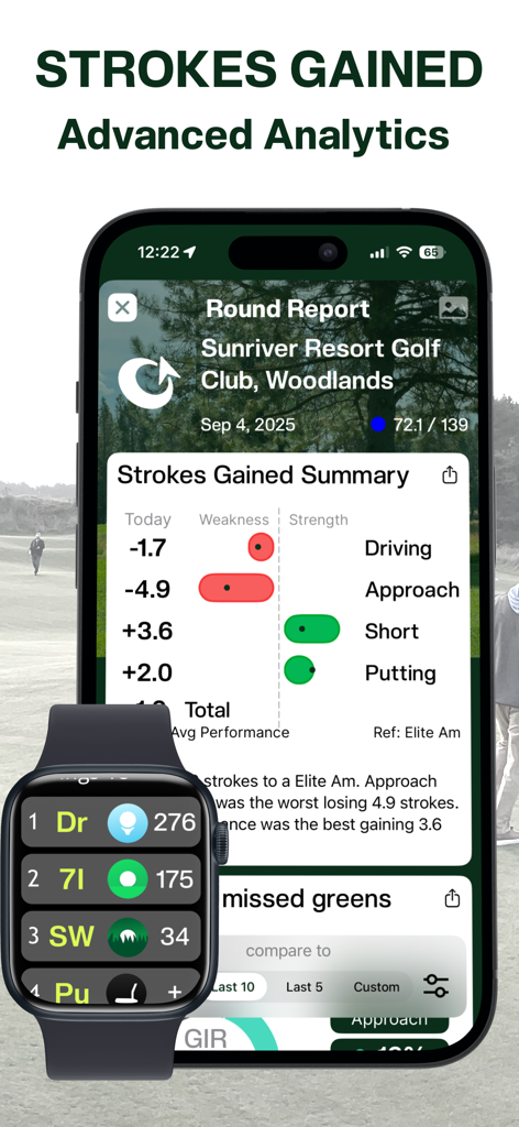 Tangent Golf: GPS Smart Caddie - Tangent Golf app showing strokes gained analytics and Apple Watch integration