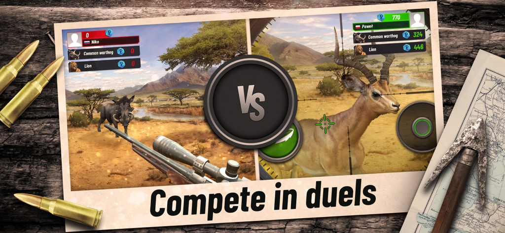 Hunting Clash: Sniper Game - Vue en écran partagé d'un duel de sniper PvP entre deux joueurs chassant des animaux sauvages dans une savane