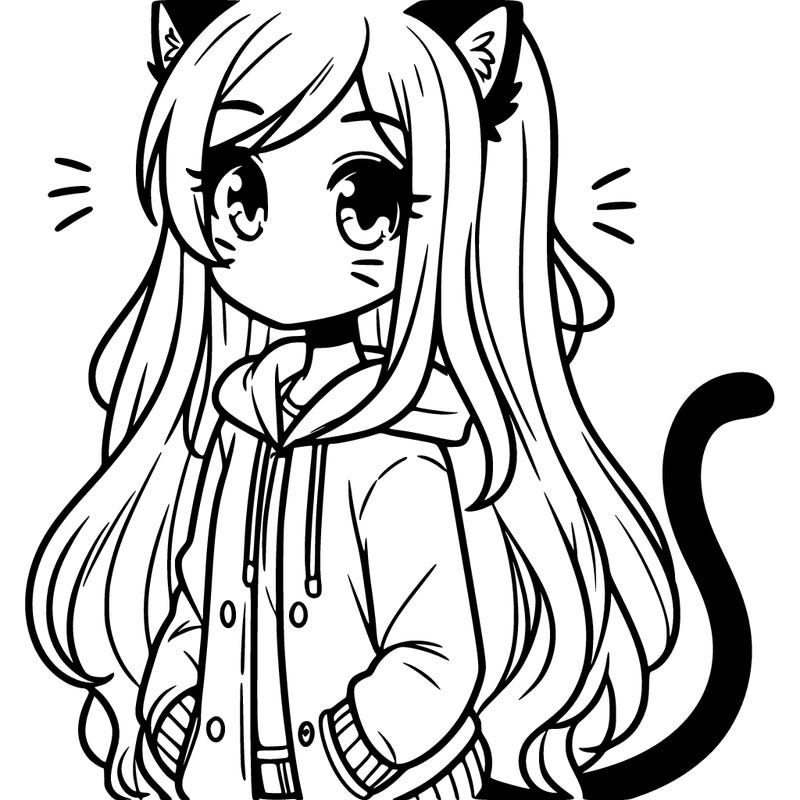 girl with long hair jacket and cat ears and tail