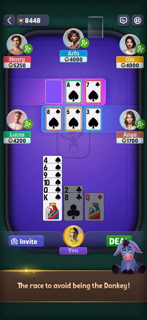 Donkey King: Online Card Game - Donkey King Online Card Game gameplay showing six players in a multiplayer card match on a mobile screen.