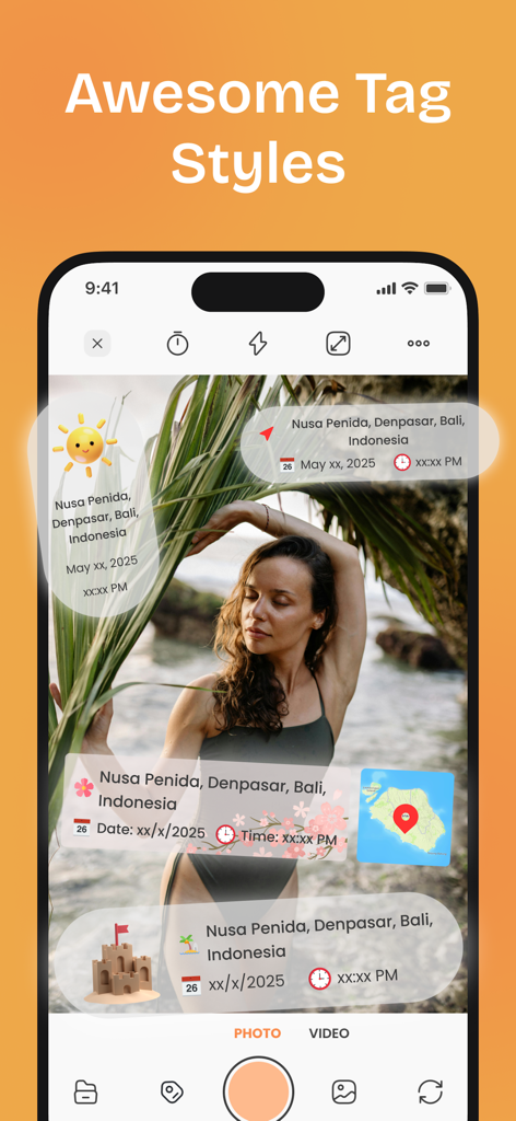 Une photo de voyage d'une femme à Bali montrant différents styles décoratifs de tags de lieu et de date