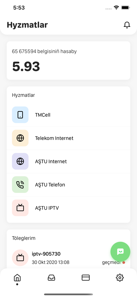 TMCELL Töleg - TMCELL Töleg mobile app interface showing various service options and current account balance