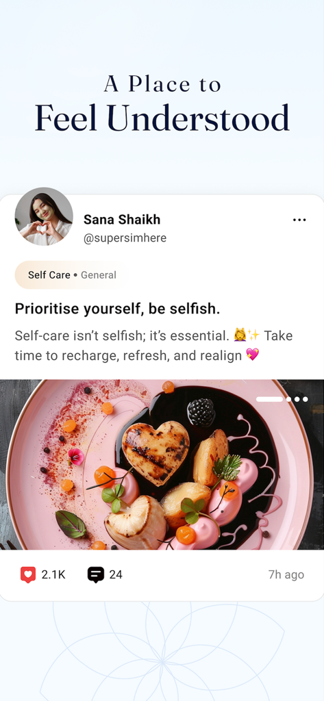 A screenshot of the iChums app community section showing a post about self-care with an image of heart-shaped food and a caption about prioritizing oneself.