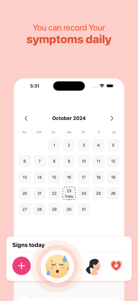 Impo Health - Daily symptom tracker calendar screen in the Impo Health app