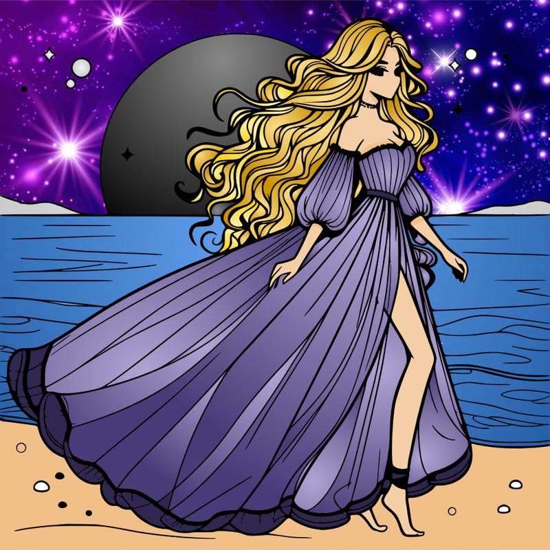 beautiful woman with a vaporous long dress walking on the beach at the noon, detailed art