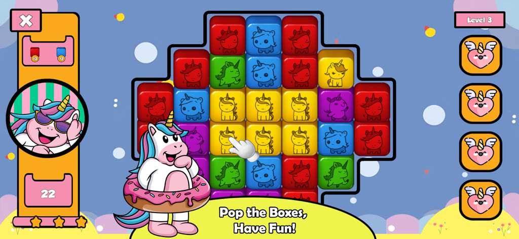 Unicorn Puzzle Game - Pantalla de juego del Juego de Puzles de Unicornios que muestra el modo de explosión de cajas con cubos coloridos y un personaje de unicornio.