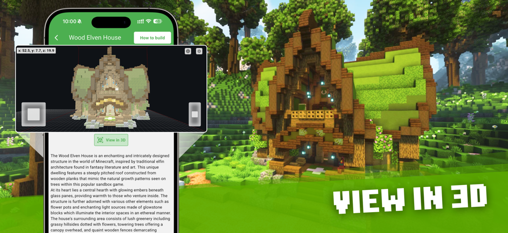 Minecraftの建築アプリでのウッドエルフハウスの3Dプレビュー。