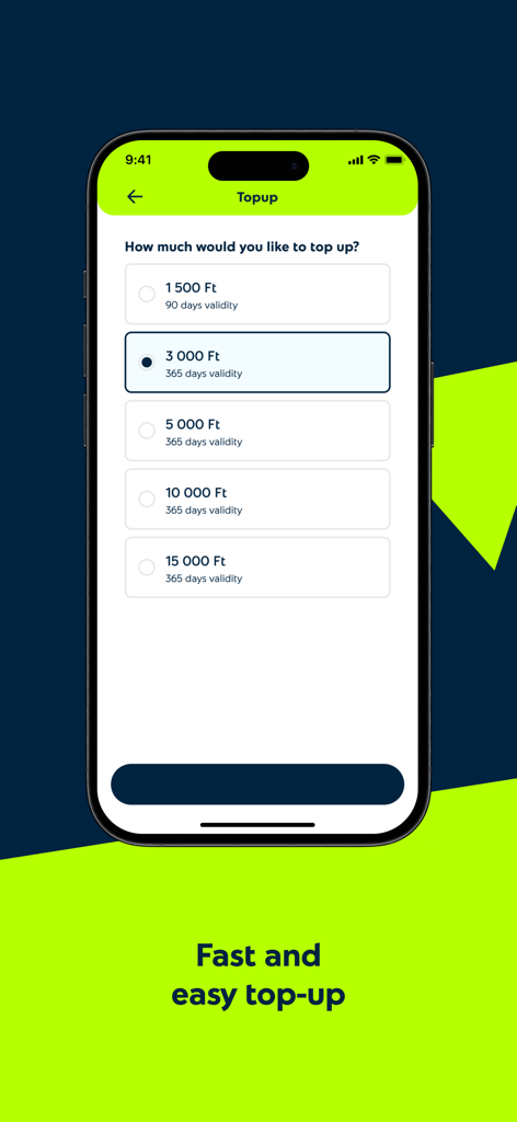 Yettel HU - それぞれの有効期間とともに、ハンガリーフォリントでのいくつかのプリペイドトップアップ金額オプションを表示するYettel HUアプリのモバイル画面