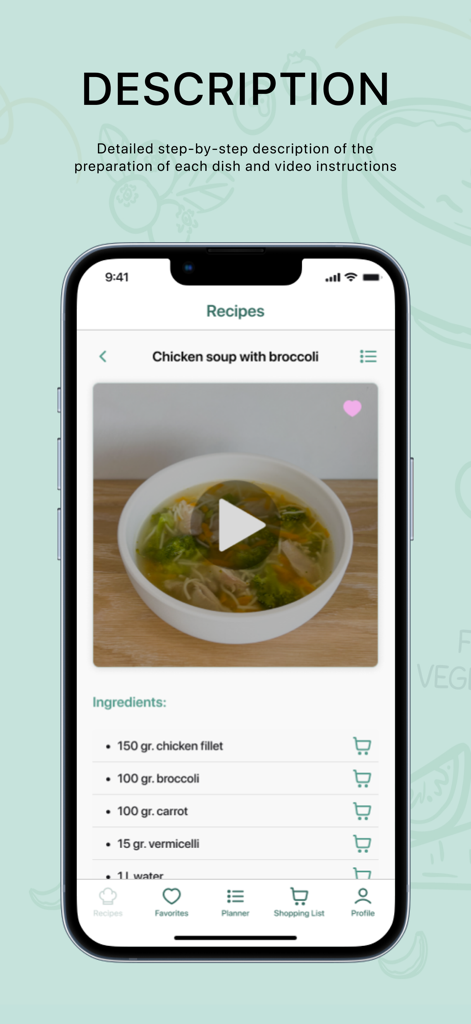 Baby Plates - Captura de pantalla de la aplicación Baby Plates que muestra una receta de sopa de pollo con brócoli con instrucciones en video y lista de ingredientes.
