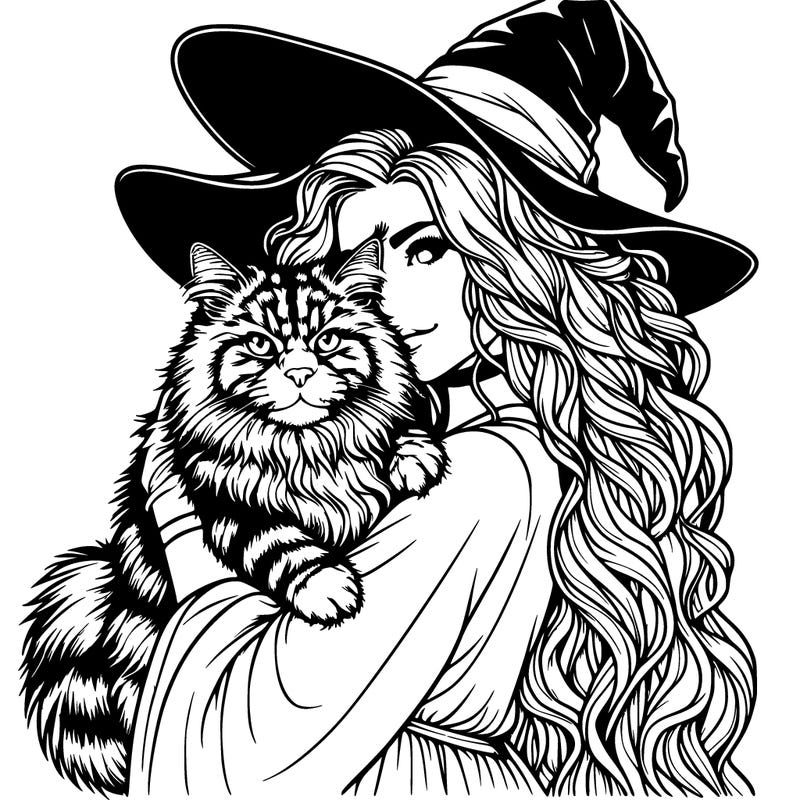 realistic witch holding a mainecoon cat