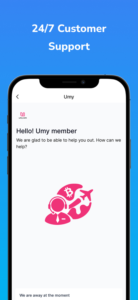 Interface do aplicativo de viagens Umy mostrando a tela de suporte ao cliente 24/7 com uma saudação de membro