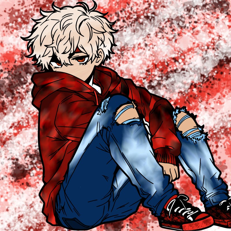 a male hoddie ripped jeans messy hair anime