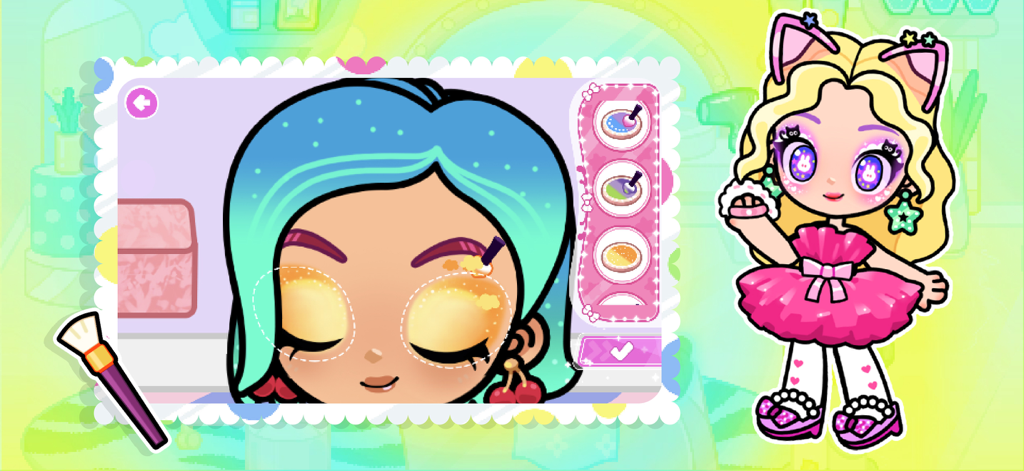 Una bambina si applica ombretto giallo a un personaggio dai capelli blu in un gioco virtuale di salone di bellezza.