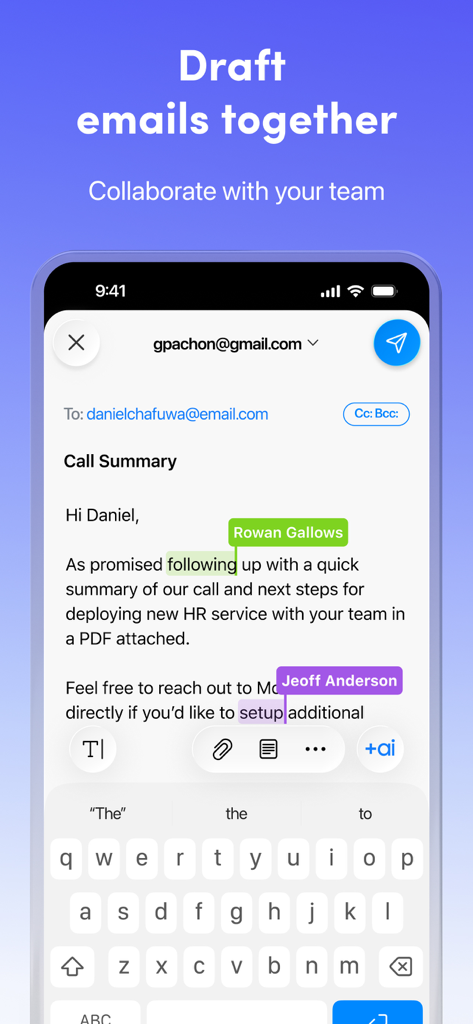 Spark AIメールアプリインターフェース、メール作成のためのリアルタイムチームコラボレーションを表示