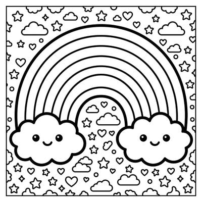 Dive into a world of cuteness with this Kawaii Primary Rainbow coloring page, perfect for all ages. Enjoy bringing vibrant life to friendly clouds, twinkling stars, and a beautiful rainbow arch.