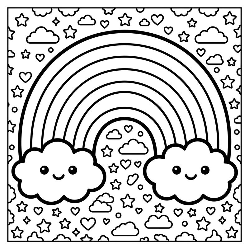 Dive into a world of cuteness with this Kawaii Primary Rainbow coloring page, perfect for all ages. Enjoy bringing vibrant life to friendly clouds, twinkling stars, and a beautiful rainbow arch.