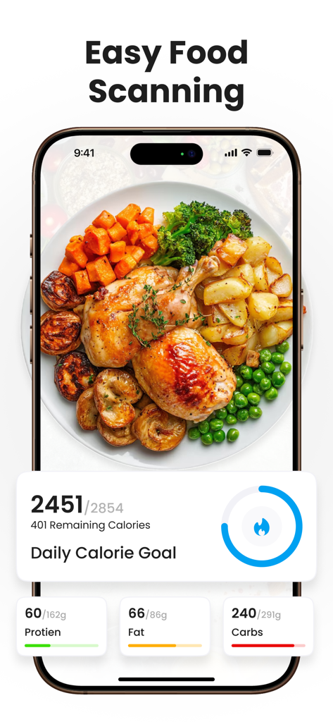 Calorie Counter App - Caloryx - Mobile app screen showing a meal with calorie counting and daily macro tracking for protein fat and carbs.
