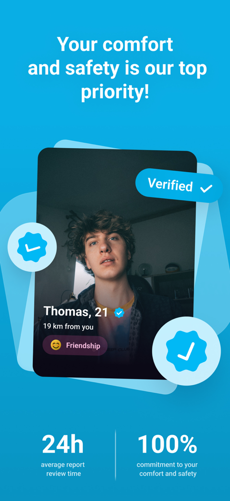 Meet2more dating app profile screenshot highlighting user verification and commitment to safety