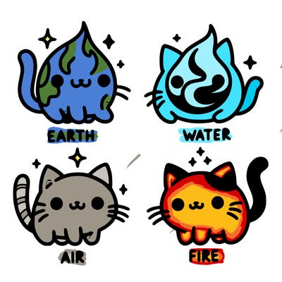 4 cats that represent the different elements, earth, water, air, and fire