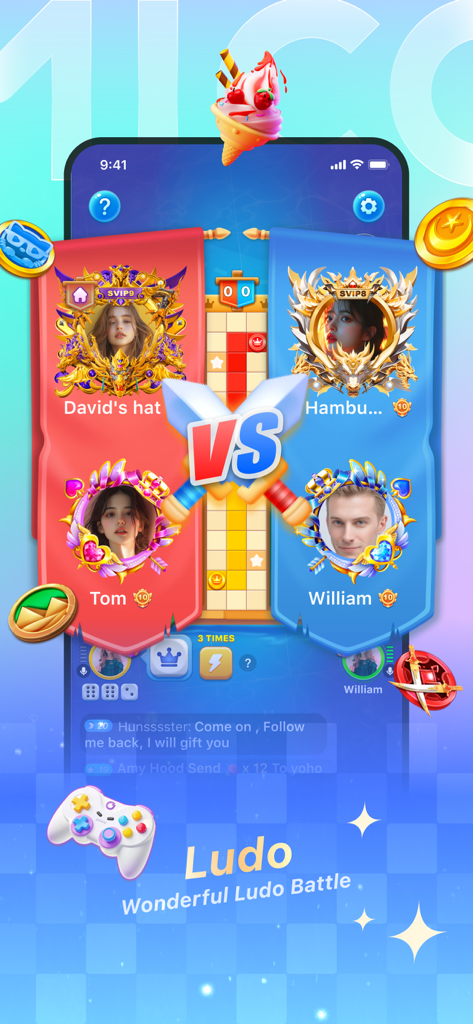A four player Ludo game battle inside the MICO app interface featuring players with highly decorated profile frames and a versus symbol