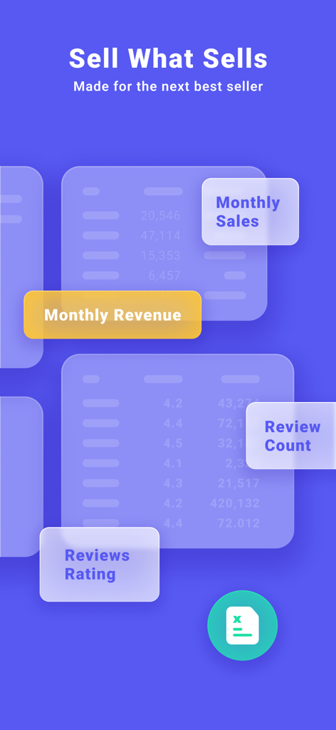 Interfaccia dell'app per venditori Amazon che visualizza metriche di vendite mensili, ricavi e conteggio delle recensioni