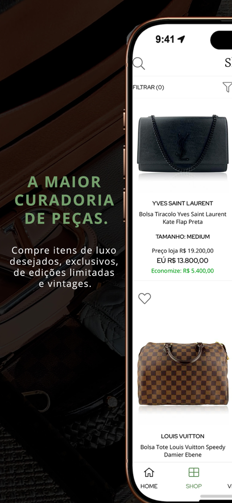 Etiqueta Única - Interface da aplicação Etiqueta Única exibindo malas de luxo de segunda mão com desconto da Yves Saint Laurent e Louis Vuitton.