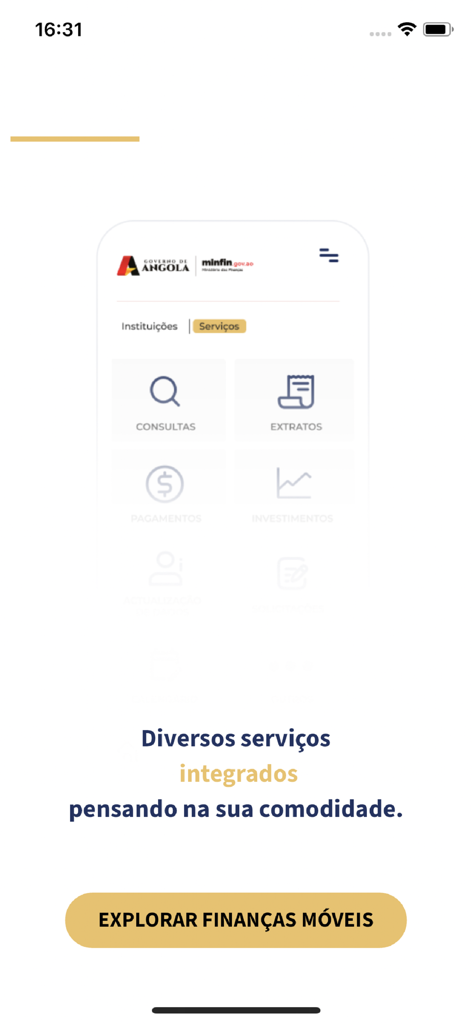 Interface móvel do App Minfin mostrando serviços financeiros integrados como consultas e extratos para o Ministério das Finanças de Angola