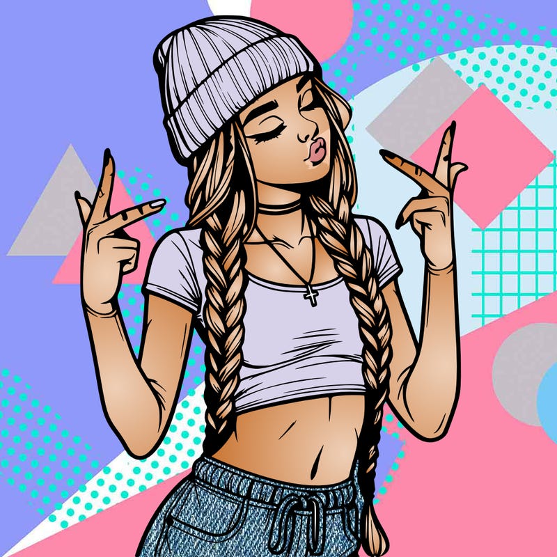 realistic teenage girl with braids and a beanie and crop top doing 🫶🏼