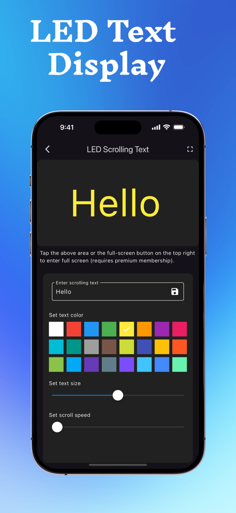 Mobile app interface for creating custom LED scrolling text with color and speed controls