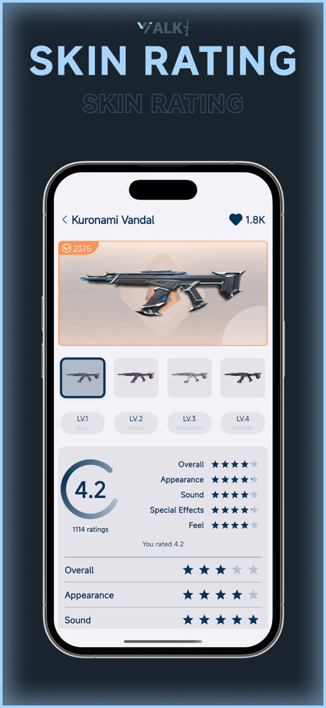 Interface of the VALKI app showing community ratings and details for a Kuronami Vandal weapon skin