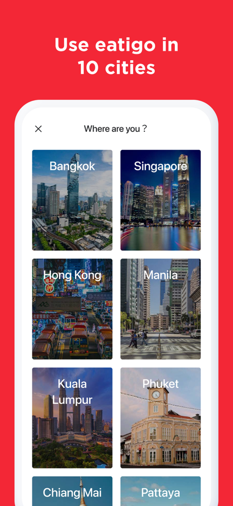 Eatigo app screen displaying a list of available cities for restaurant reservations in Asia including Bangkok and Singapore