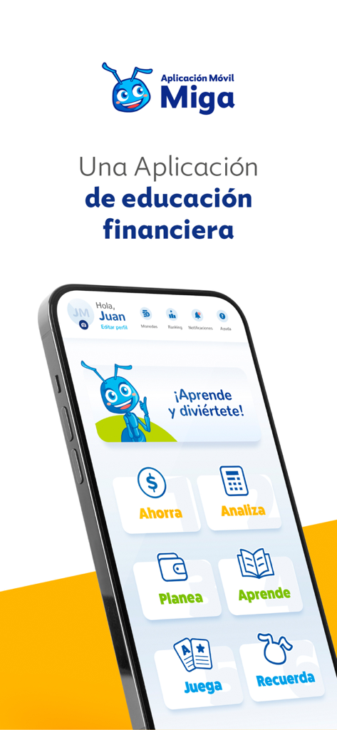 Aplicación Miga - Interface of the Miga mobile app showing financial planning and saving tools in Spanish
