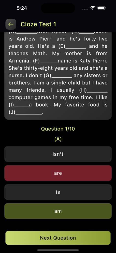 English Grammar Book - English grammar cloze test interface with multiple choice questions for language learning.