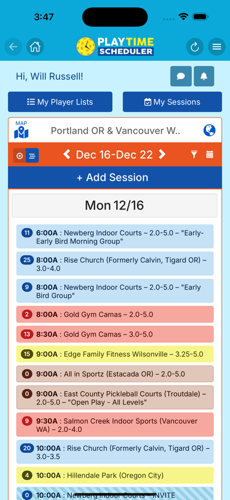 Mobile app interface of PlayTime Scheduler showing a daily list of pickleball sessions with times locations and skill levels for Portland and Vancouver