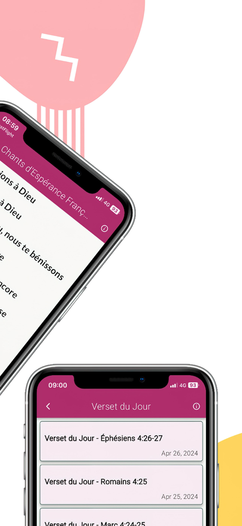Chants d'Espérance - Chants d'Espérance app screens showing French hymns and daily Bible verses