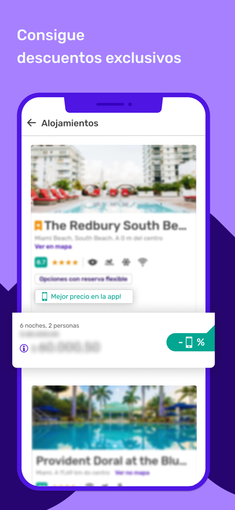 Despegar app interface showing exclusive discounts on hotel bookings in Miami