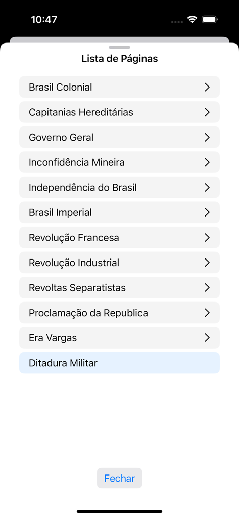Caderno Digital - Screenshot of the Caderno Digital app showing a organized list of study pages for history subjects