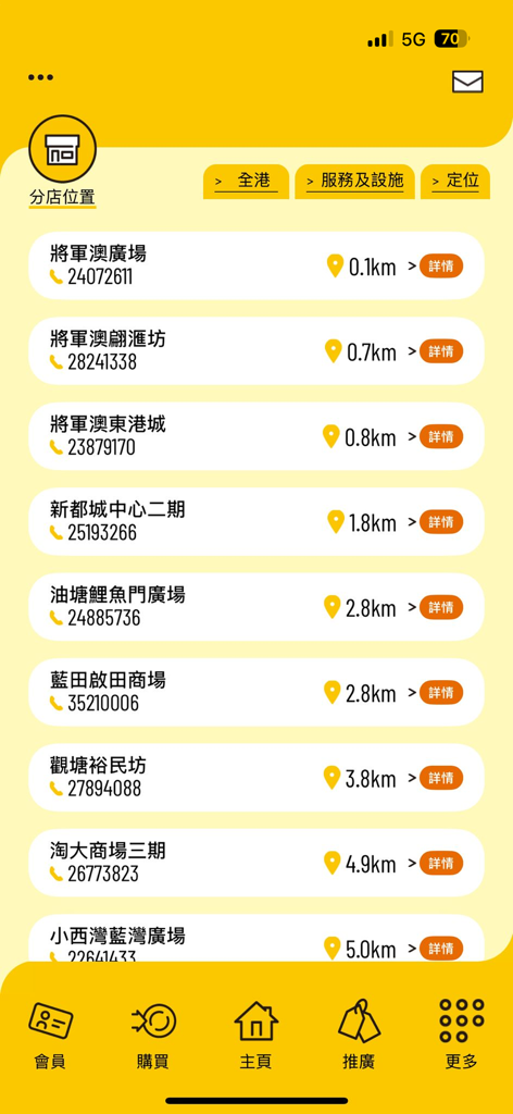 冒險樂園 - Jumpin Gym U.S.A. app screen displaying a list of store locations in Hong Kong with distances and contact information