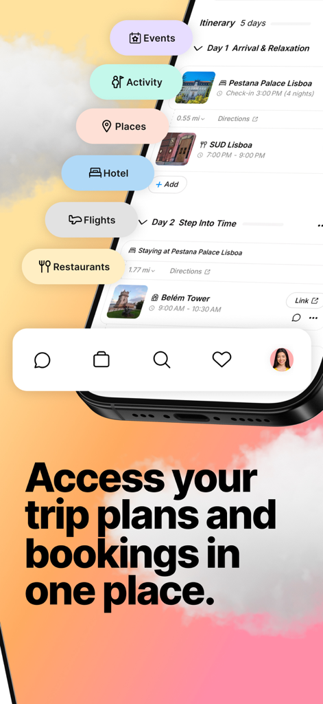 Mindtrip app interface displaying a consolidated travel itinerary with hotel and restaurant bookings