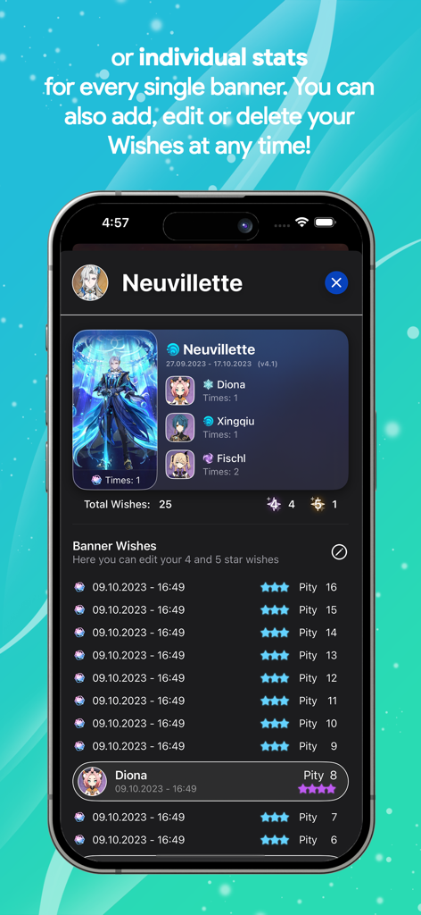 WishCounter-App-Oberfläche, die detaillierte Bannerstatistiken und Pity-Zähler für Genshin Impact-Wünsche anzeigt