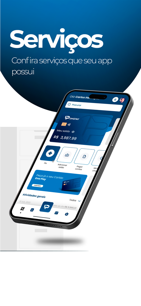 One Pay - Interfaz de la aplicación móvil One Pay que muestra servicios de banca digital y opciones de Pix