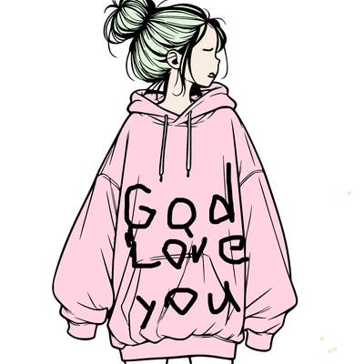 realistic girl with a oversized sweatshirt on and a bun