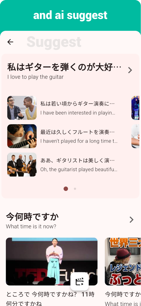 App interface showing AI suggested Japanese phrases with English translations and video lessons.
