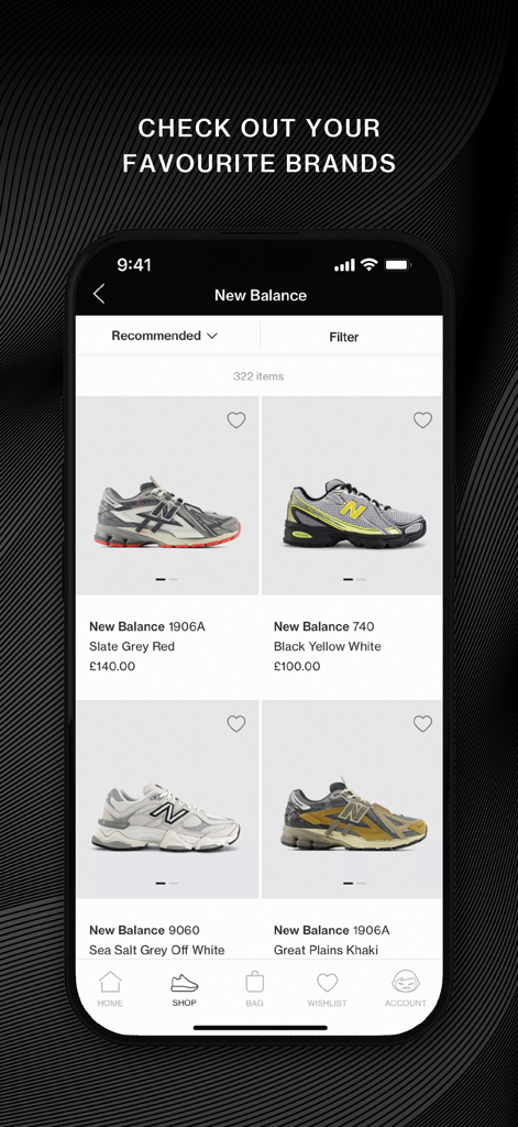 Interfaz de la app OFFSPRING mostrando una selección de zapatillas New Balance.